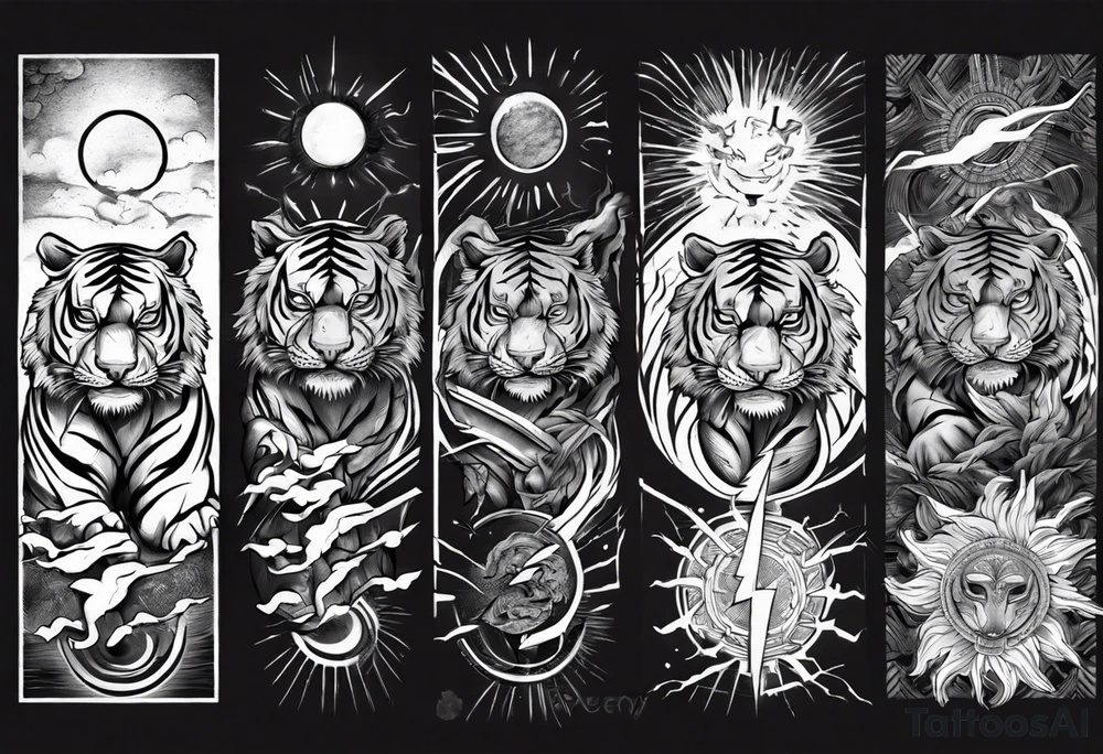 Ancient tiger with lightning and a sun for a forearm sleeve. With patterns surrounding it tattoo idea Ancient tiger with lightning and a sun for a forearm sleeve. With patterns surrounding it tattoo idea