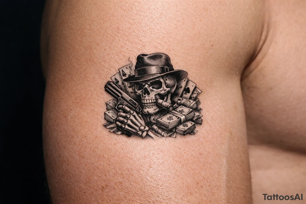 skull with gangster-hat,cigar in his mouth,gun in a skeleton-hand,playing cards,a lot of money. tattoo idea
