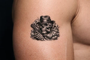 skull with gangster-hat,cigar in his mouth,gun in a skeleton-hand,playing cards,a lot of money. tattoo idea