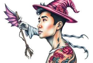 Handsome Asian young guy is being under control of the witch tattoo idea