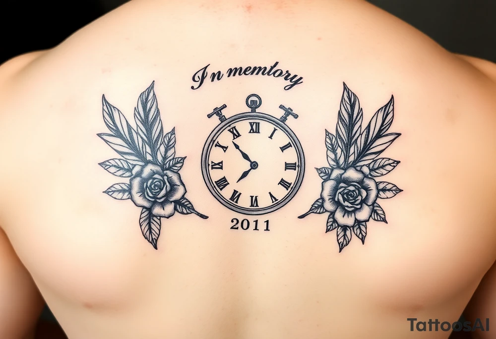 In memory of daddy feathers 
and roses with clock dates tattoo idea