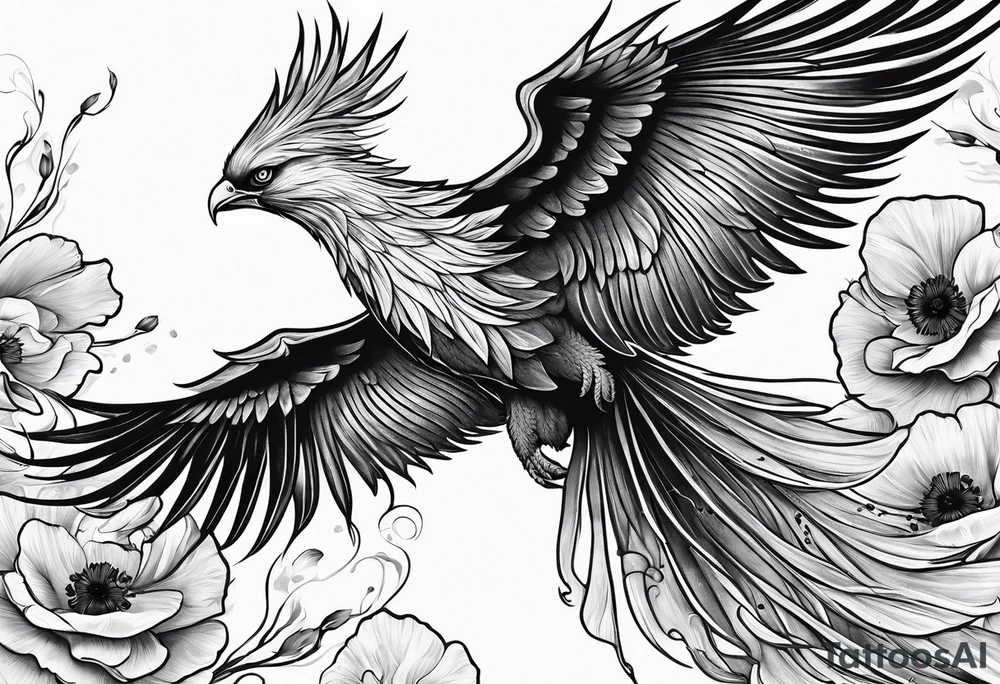 elongated phoenix in flight 
in profile long tail with claws holding poppies falling tattoo idea
