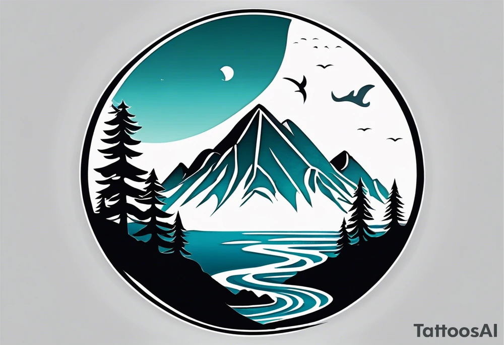 This is a minimalistic tattoo that is split into 2 sections; a top half and a bottom half. The top half is a mountain in Norway with a windy and curvy mountain bike trail winding down the mountain. The bottom half of the tattoo depicts an underwater scene featuring water, and sea life. There are no bikes or trees in the bottom half of the tattoo. tattoo idea