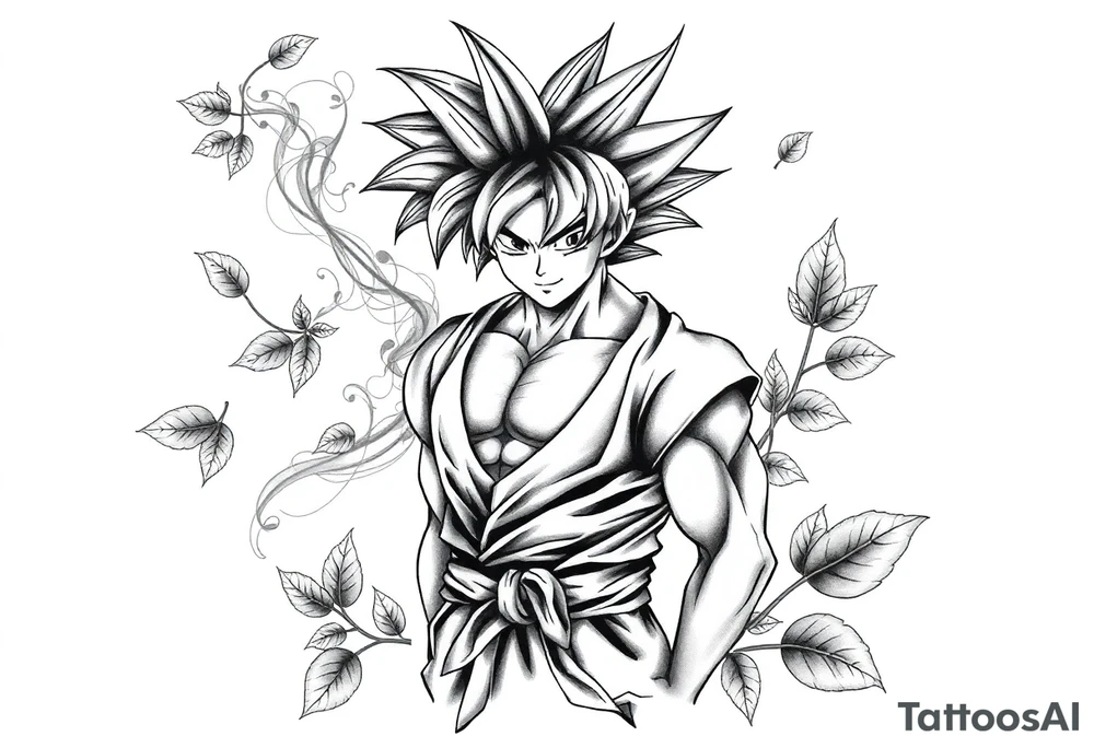 Tattoo design of Son Goku with smoke flowing through his body, surrounded by leaves in negative space effect, featuring soft shading around the edges and dotwork shading inside, with multiple contrast levels throughout. Highly detailed, intricate design with dynamic composition, emphasizing the interaction between the smoke and character, with the negative space leaves creating depth and balance. Professional tattoo art style with clean lines and sophisticated shading techniques. tattoo idea