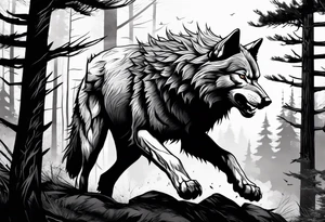 Powerful storm raging through forest with an alpha wolf snarling tattoo idea