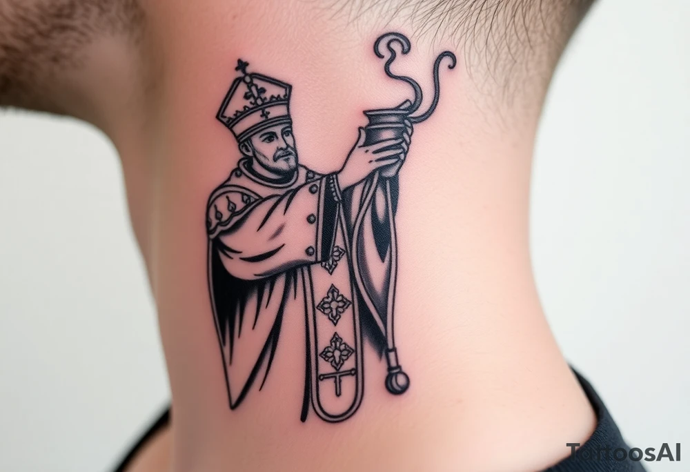 Russian Orthodox Priest in a fully detailed gold vestment swinging a censer with smoke curling upward tattoo idea