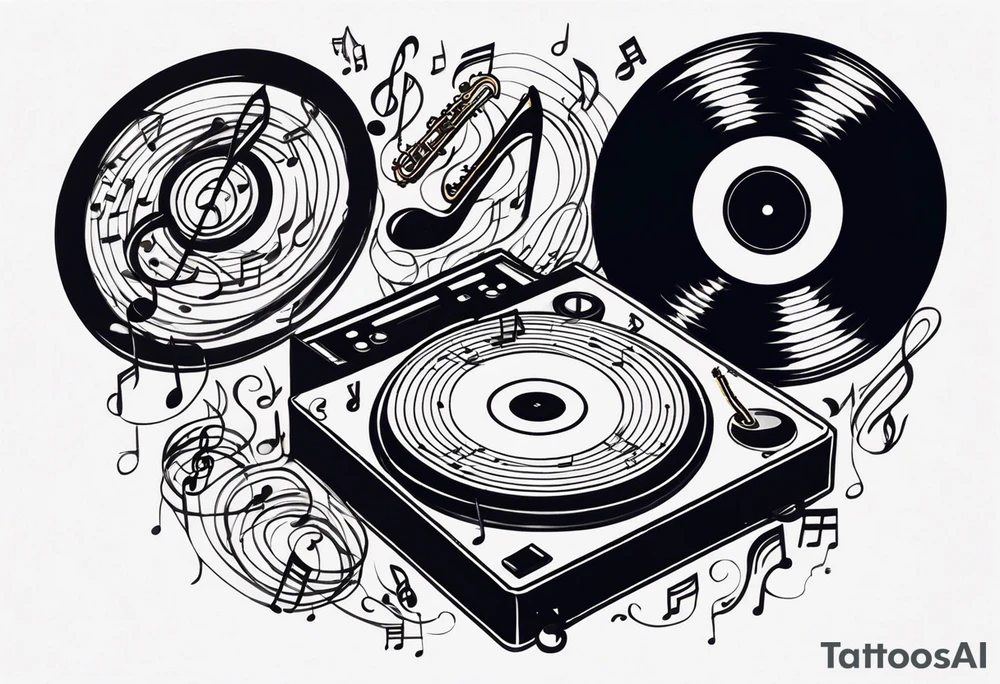 music notes surrounded by a record, a cassette tape, and saxophone parts tattoo idea
