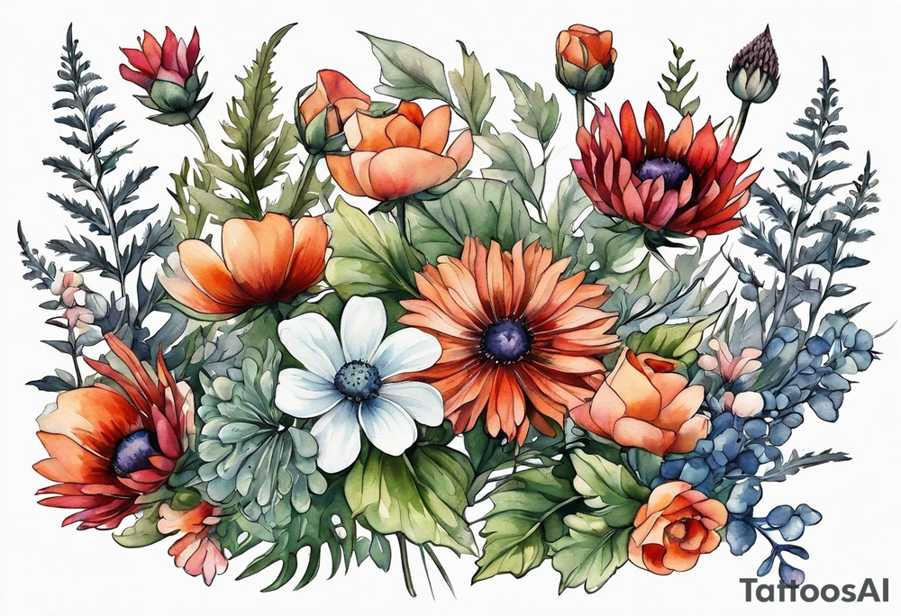 wildflowers with thistles, ferns, white flowers, cream flowers, pink flowers, burnt orange flowers, red flowers and all in watercolor tattoo idea
