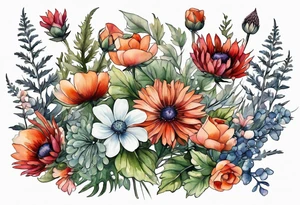 wildflowers with thistles, ferns, white flowers, cream flowers, pink flowers, burnt orange flowers, red flowers and all in watercolor tattoo idea
