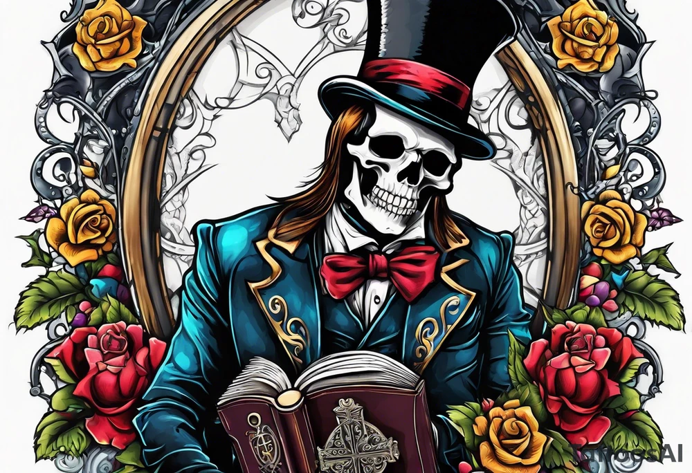 skeleton wearing a top hat holding a holy bible tattoo idea