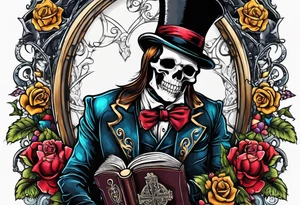 skeleton wearing a top hat holding a holy bible tattoo idea