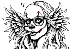 beautiful long hair pin up Clown face Girl payasa  thug eyeglasses  angelic wings smoking a cigarette tattoo idea
