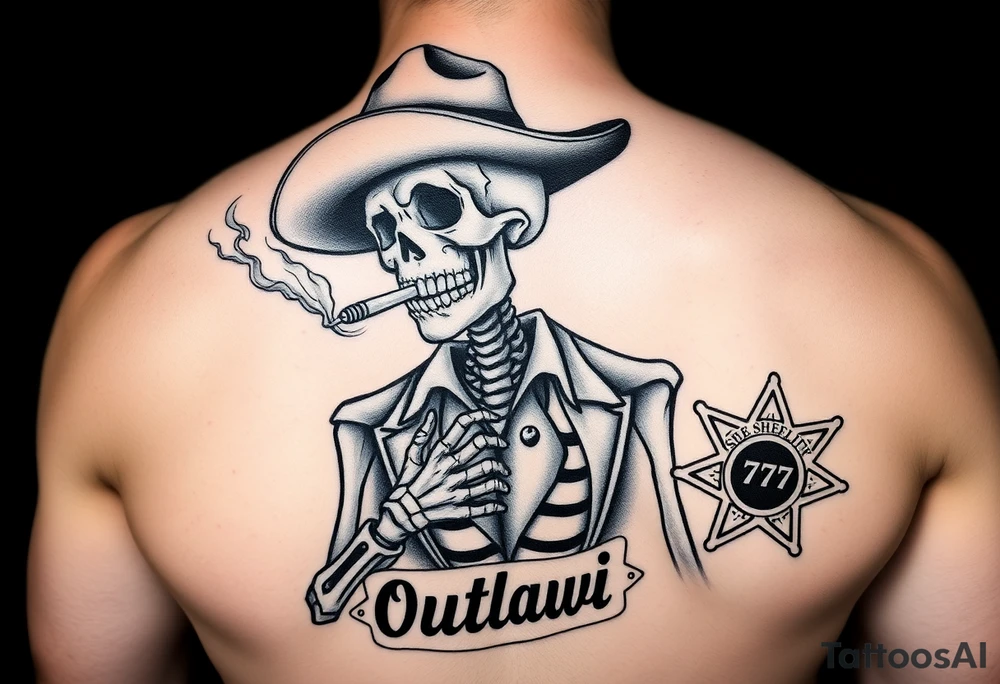 I have a skeleton cowboy smoking a cigarette with smoke that shapes into a heart. It says “wanted” above it and “outlaw” under it. I’d like a 777 slot and a sheriff badge in the background tattoo idea