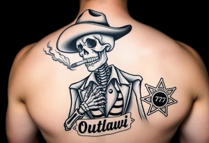 I have a skeleton cowboy smoking a cigarette with smoke that shapes into a heart. It says “wanted” above it and “outlaw” under it. I’d like a 777 slot and a sheriff badge in the background tattoo idea