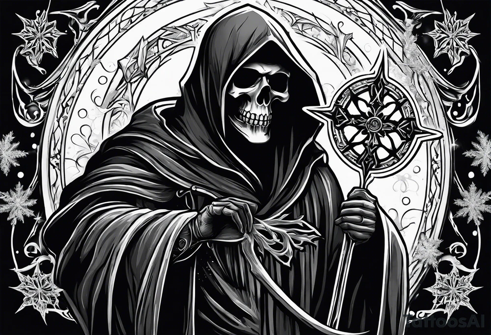 Grim reaper holding a snow flake tattoo idea