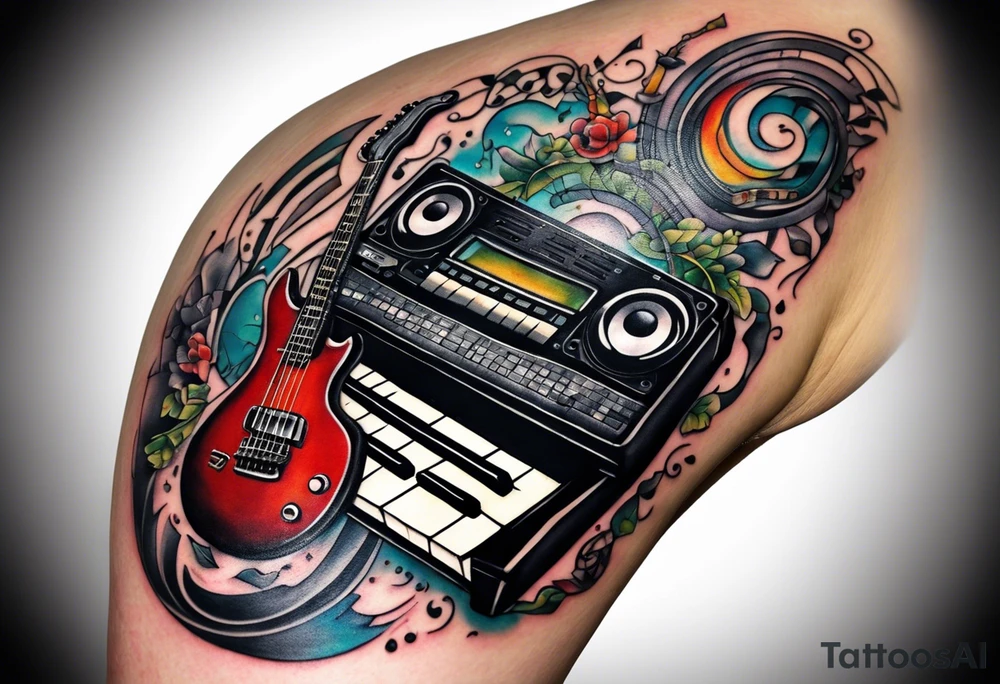 This tattoo features a stylized assembly of various music-related elements. At the center is a cassette tape with realistic details and proportions. It is overlaid with a keyboard, the keys extending outward on one side. There are electric guitars and drums. Intertwined with these are abstract designs, including straight and wavy lines, geometric shapes like triangles, and scientific elements like an atom model. Additionally, a detailed avian creature perches on the tape, adding an organic touch to the otherwise geometric and mechanical motif. tattoo idea