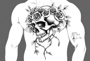 gothic skull intertwined with climbing roses and thorny vines tattoo idea