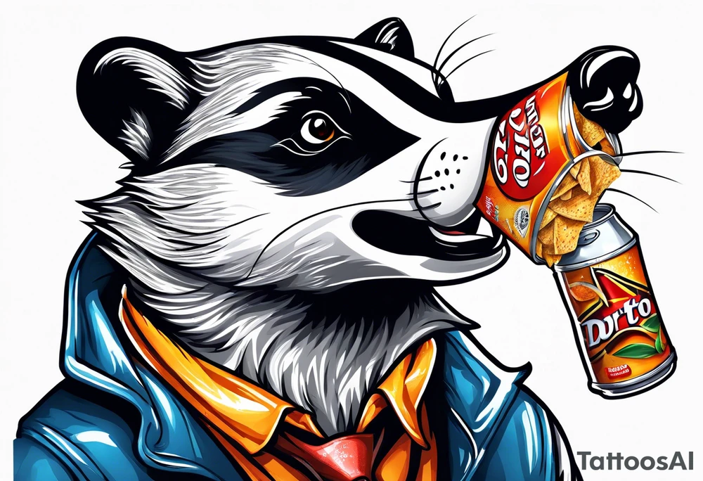 badger with mouth open with soda can and Doritos tattoo idea