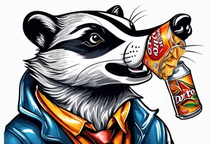 badger with mouth open with soda can and Doritos tattoo idea