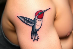 A hummingbird with a single glowing green eye, inspired by the Eye of Horus (only red , blue and black are possible colors) tattoo idea