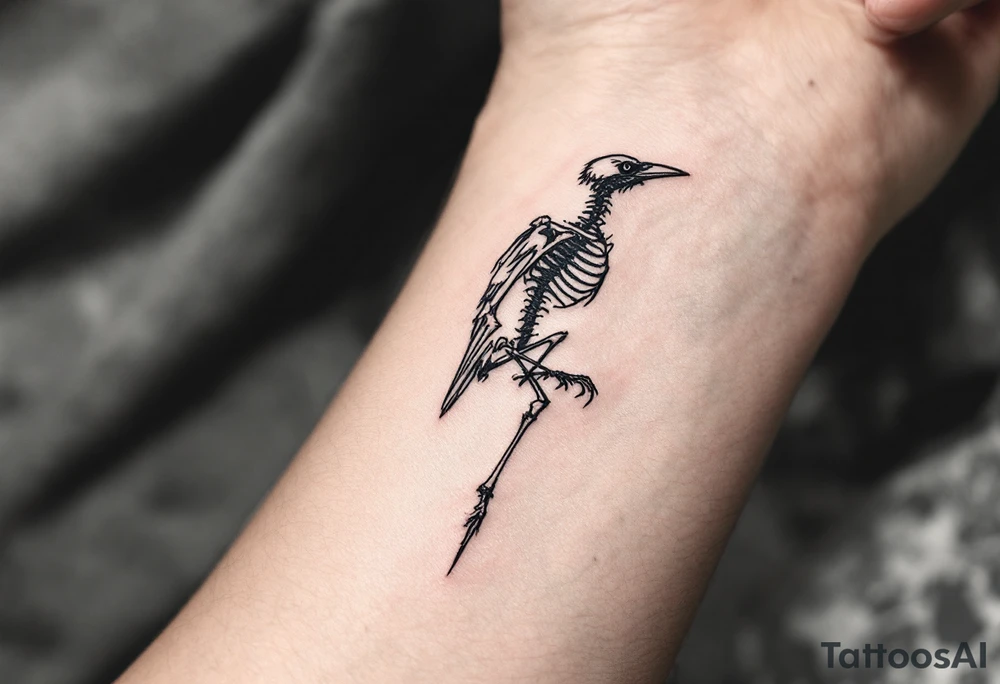 Crow Skeleton – An anatomical tattoo of a crow skeleton, done in fine line style with minimal gray shading and a soft ink wash effect. tattoo idea