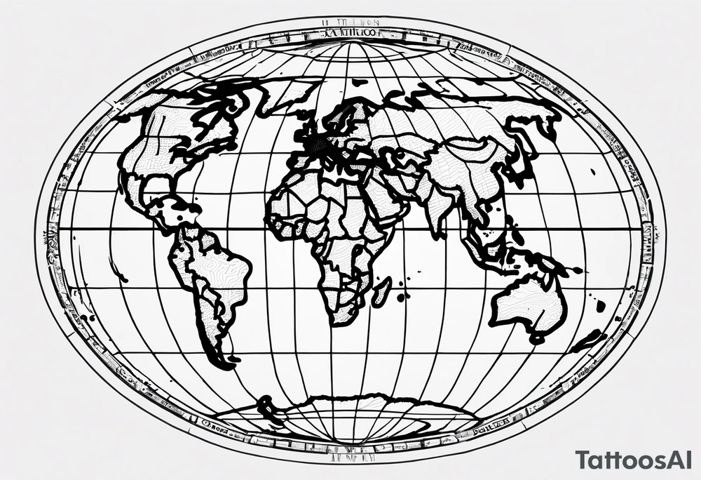 the earth on a flat map with no shading placed on a grid with only the lines with accurate depictions of the borders in countries while having it in an oval/circular position on a grid without any borders on the sides while having the countries not have such bold borders tattoo idea
