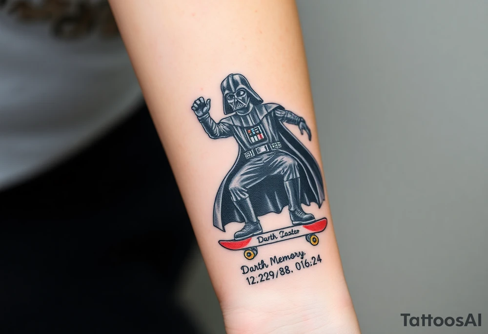 Darth Vader skateboarding > bullets > in loving memory > colors
add words "Darth Carter" to skateboard
add date 12/29/88-01/06/24 tattoo idea