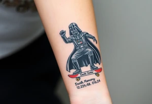 Darth Vader skateboarding > bullets > in loving memory > colors
add words "Darth Carter" to skateboard
add date 12/29/88-01/06/24 tattoo idea