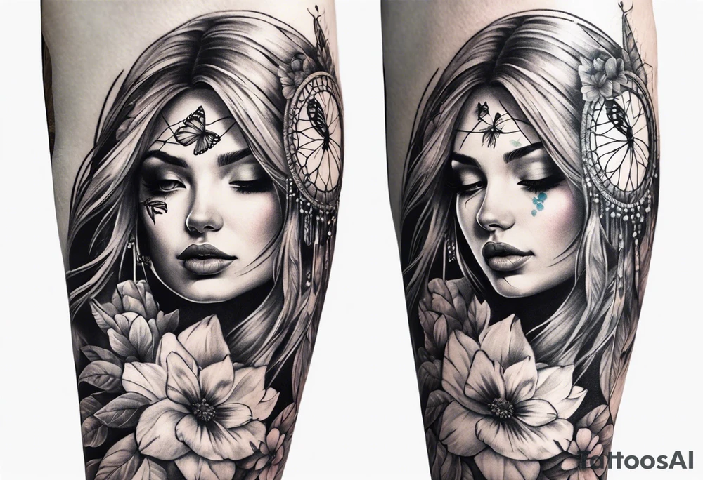 arm sleeve with dreamcatcher, rainbow flowers and one butterfly tattoo idea