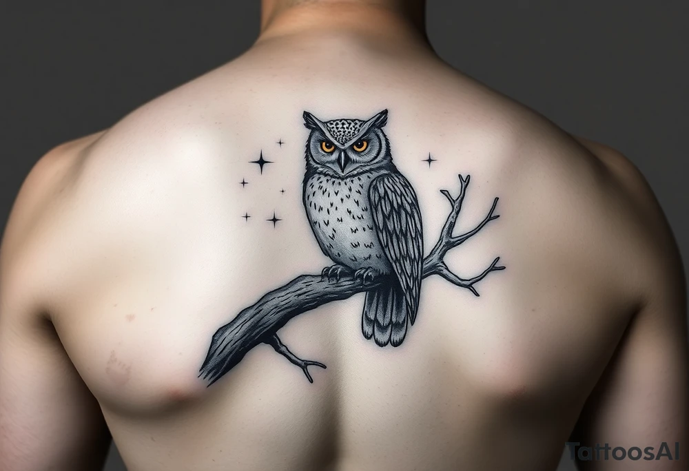 wise owl perched on ancient oak branch under starlit sky tattoo idea