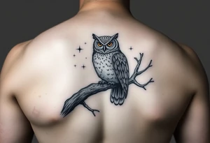 wise owl perched on ancient oak branch under starlit sky tattoo idea