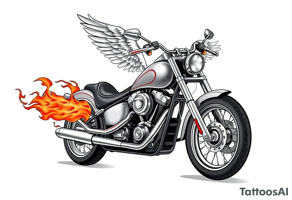 Low rider grey motorcycle, big muffler pipes with flames, angel wings, driving away, no person tattoo idea