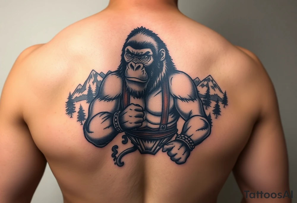 Silverback gorilla wearing amateur wrestling attire for a match as a person would. The surrounding area is mountainous jungle tattoo idea