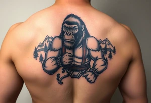 Silverback gorilla wearing amateur wrestling attire for a match as a person would. The surrounding area is mountainous jungle tattoo idea