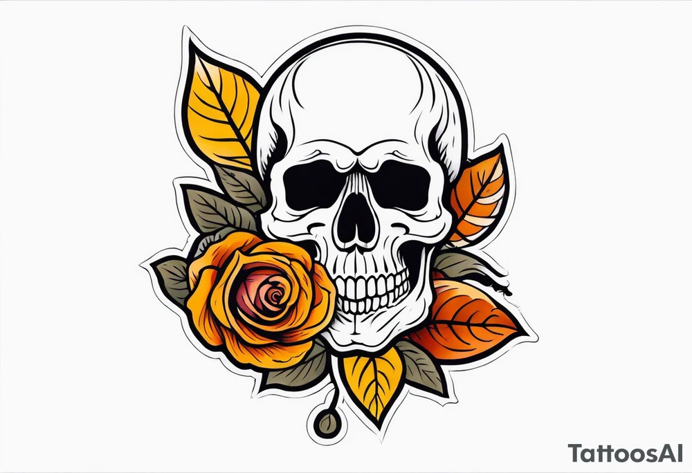 Old School Knee tattoo in fall colors showing a skull with a rose tattoo idea