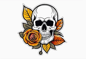 Old School Knee tattoo in fall colors showing a skull with a rose tattoo idea