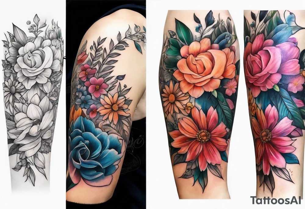 Floral with flowers arm sleeve tattoo idea