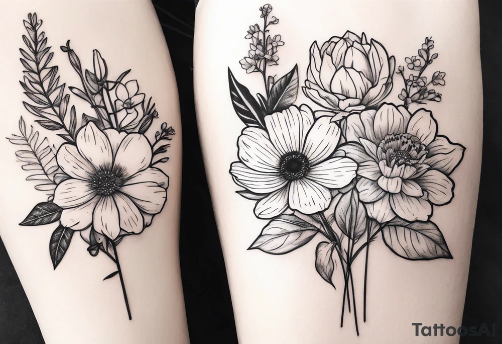 Birthflower bouquet tattoo with one July flower and two October flowers. tattoo idea