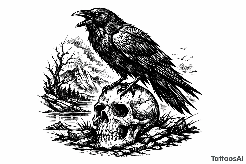 a raven standing on a skull, landscape. tattoo idea