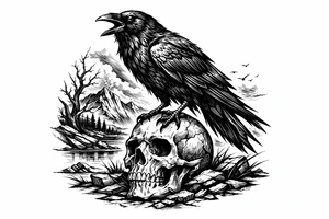a raven standing on a skull, landscape. tattoo idea