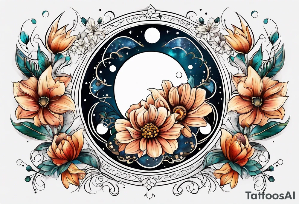 Lunar phases flowers tattoo idea