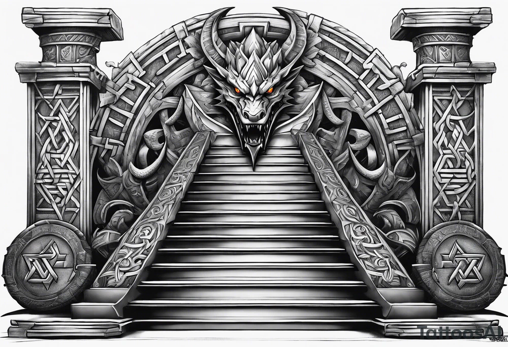 Valhalla sword shield dragon axe stairs Valknut barbed wire chains valknut fire tattoo idea