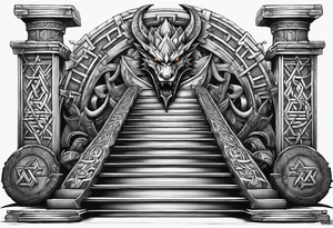 Valhalla sword shield dragon axe stairs Valknut barbed wire chains valknut fire tattoo idea