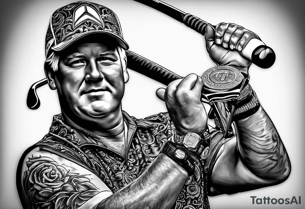 Golfer John Daly wearing the Infinity Gauntlet on one hand and holding a putter on the other hand on the 18th hole of the Masters. tattoo idea