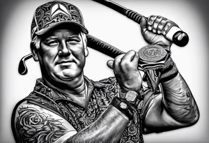 Golfer John Daly wearing the Infinity Gauntlet on one hand and holding a putter on the other hand on the 18th hole of the Masters. tattoo idea