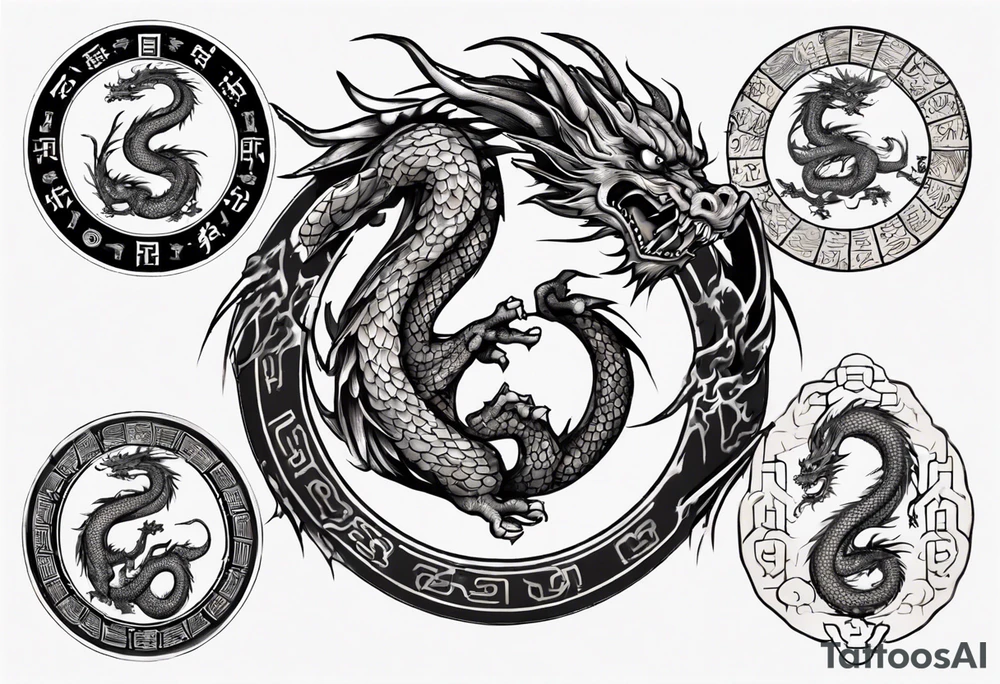Chinese dragon in a circular shape with "02.03" written on its skin tattoo idea