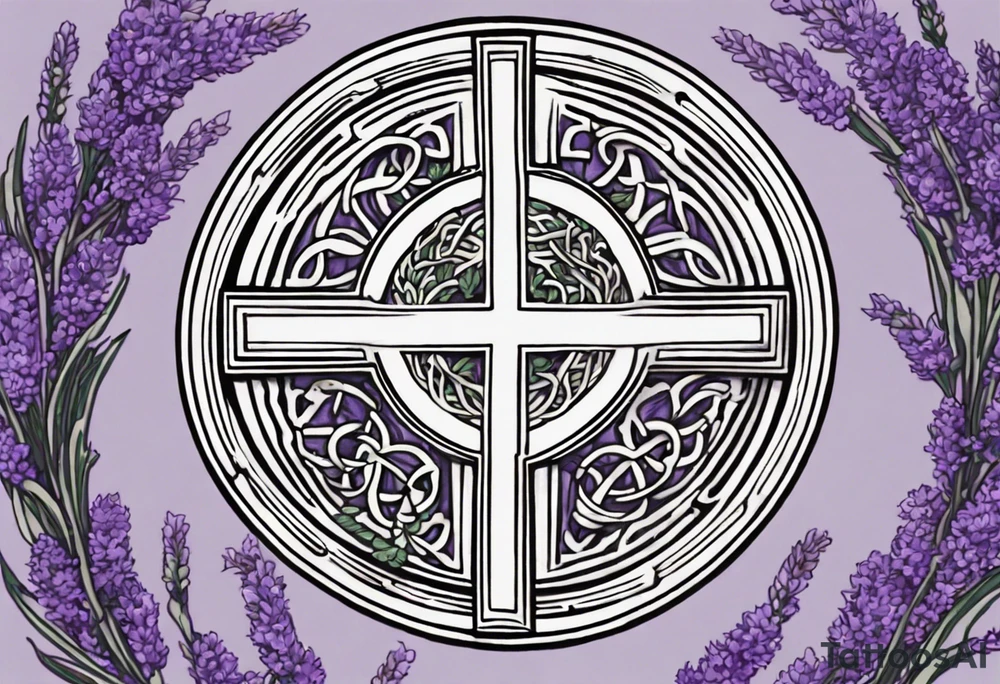 I'm looking for a custom tattoo design featuring a faithful and precise representation of the Saint Benedict medal, surrounded by delicately intertwined lavender flowers to create a harmonious and aesthetically pleasing composition. The focus should be on maintaining the authenticity of the Saint Benedict medal while incorporating the serene beauty of lavender blooms around it. The design should strike a balance that captures the symbolic essence of the medal within a visually appealing tattoo. tattoo idea