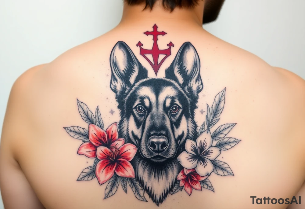 realistic german shepherd floral lilies watercolour style colourful in front of a sacred heart tattoo idea