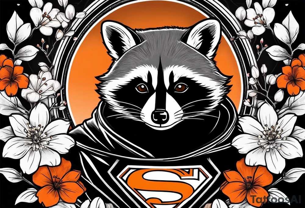 Raccoon wearing a white Superman logo on a black hoodie and orange Japanese cherry blossoms beside tattoo idea