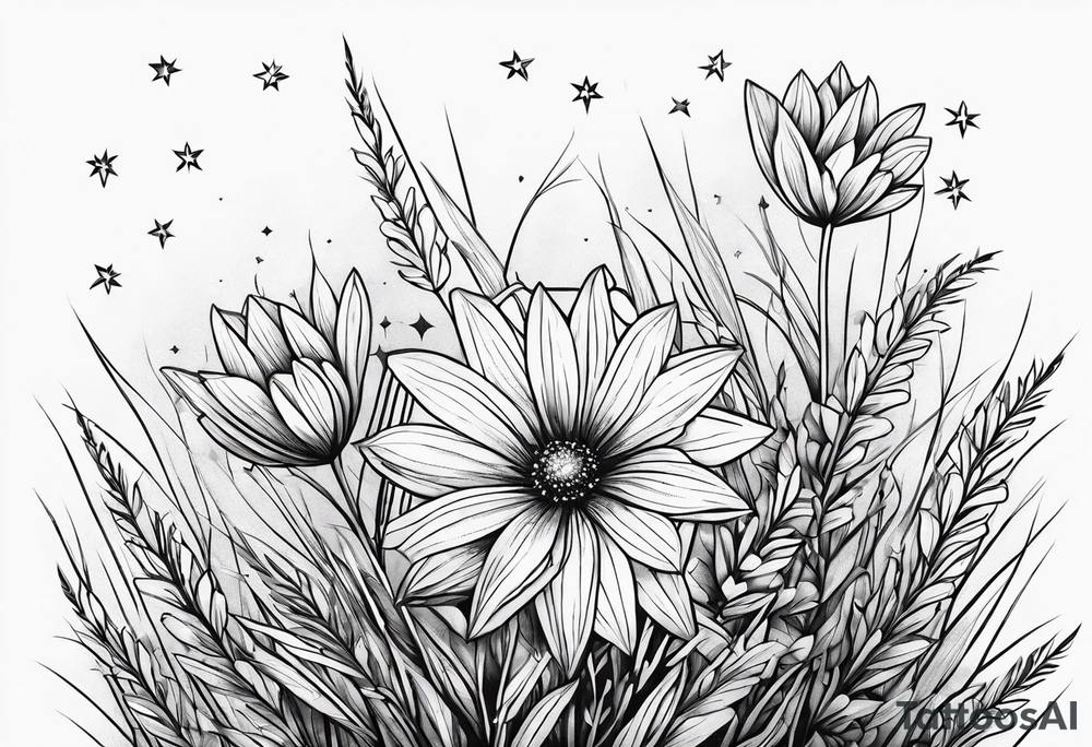 Stars dust flowers grass tattoo idea